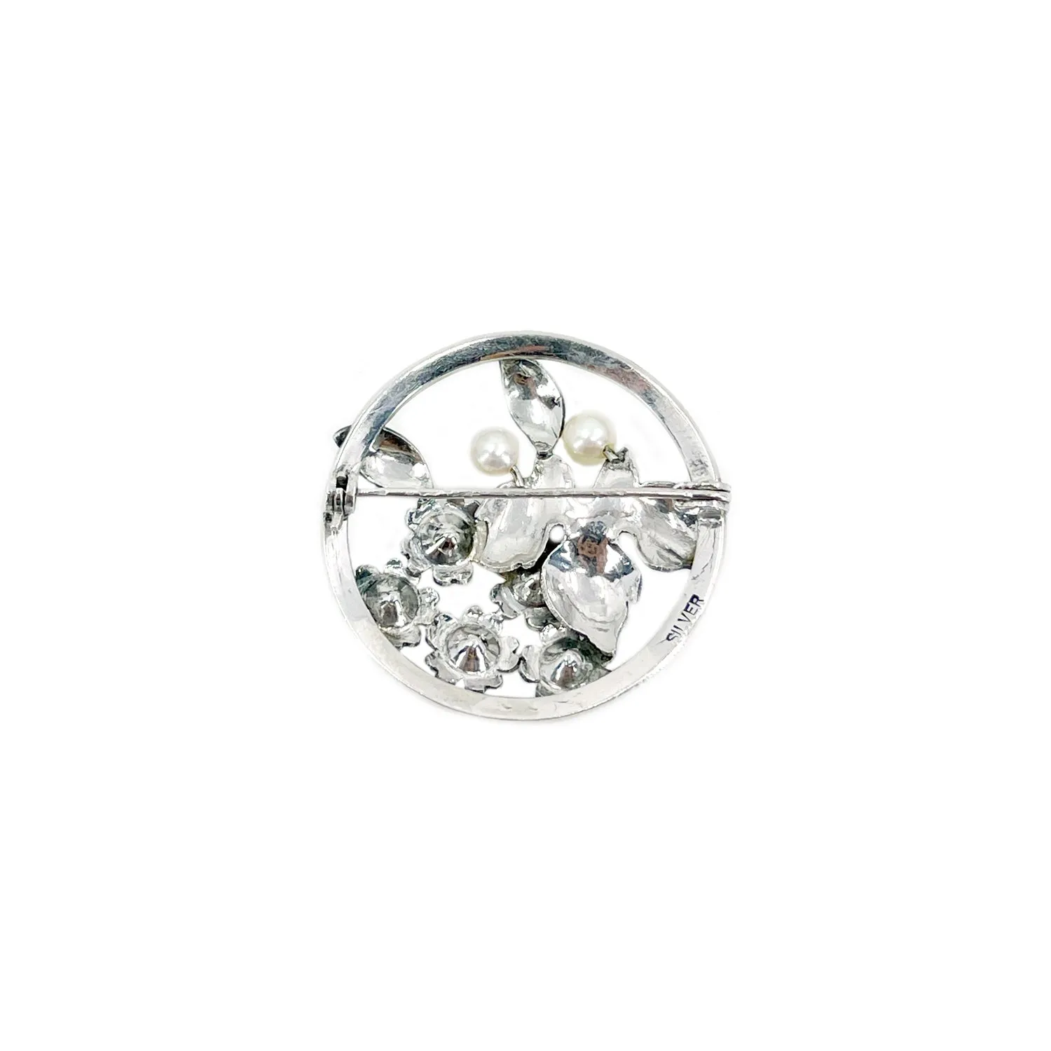 Vintage Sakura Cherry Blossom Engraved Japanese Saltwater Akoya Pearl Brooch Pin- Sterling Silver