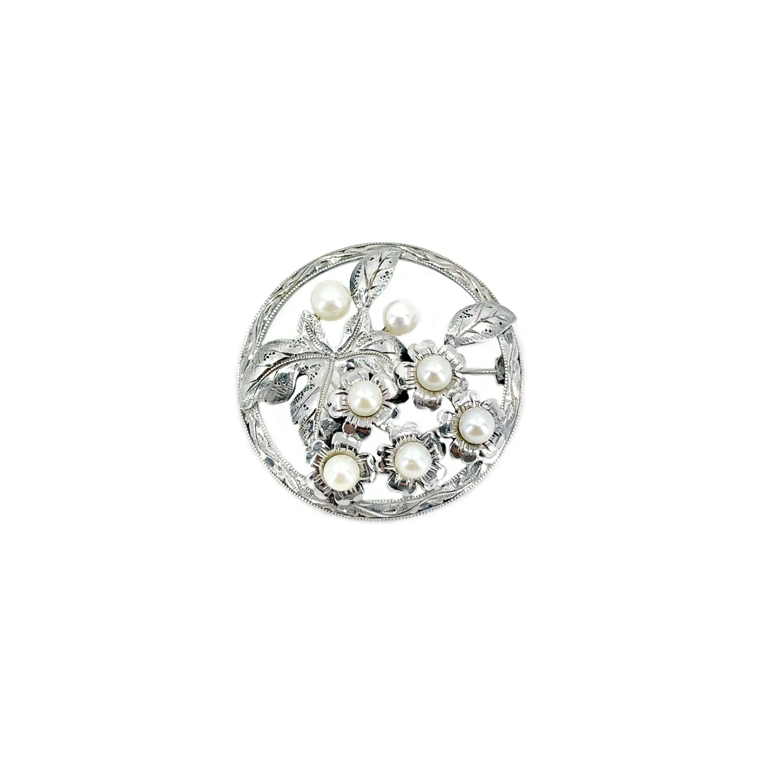 Vintage Sakura Cherry Blossom Engraved Japanese Saltwater Akoya Pearl Brooch Pin- Sterling Silver