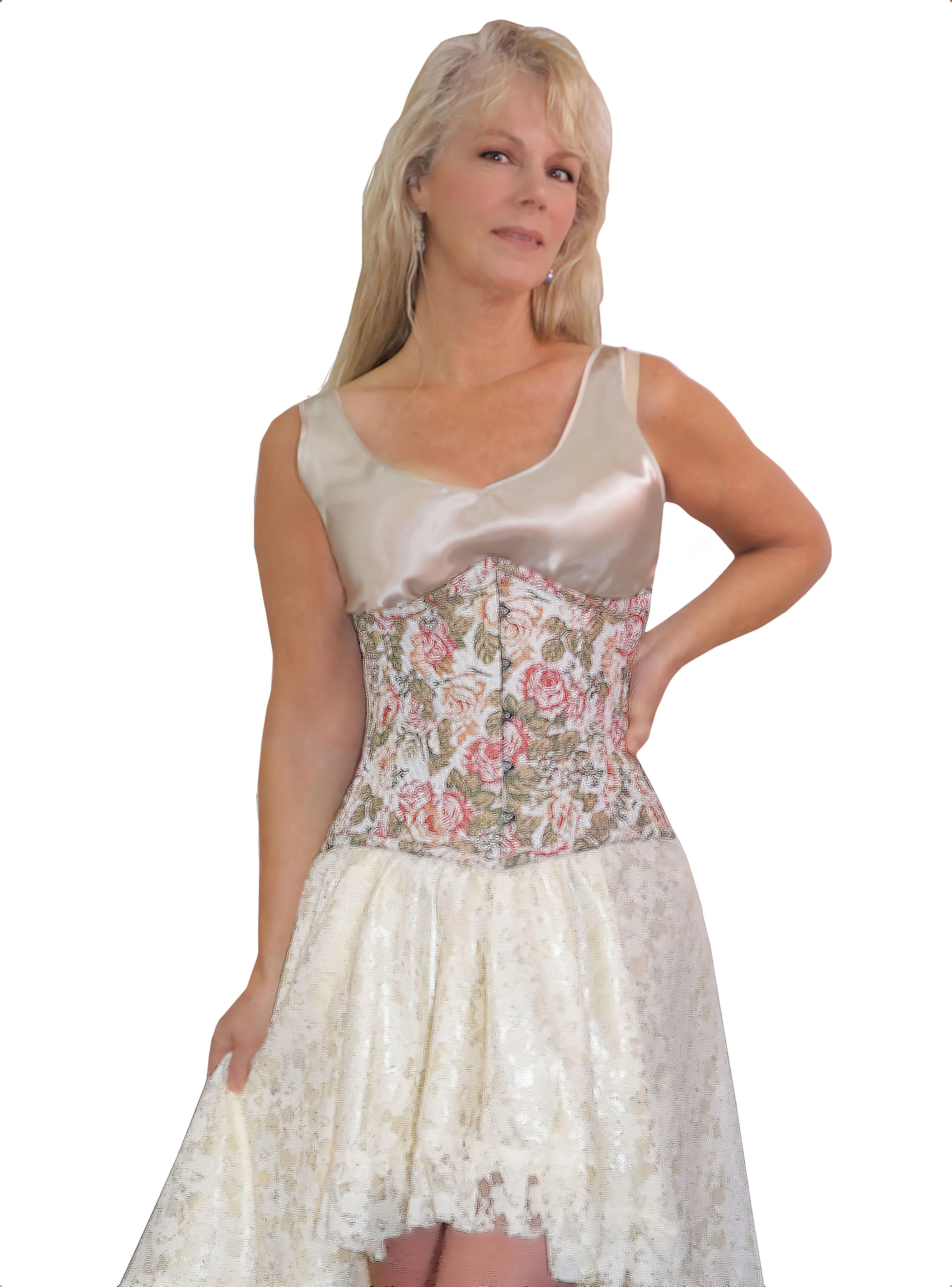 Waist Cincher Underbust Corset White with Roses Print