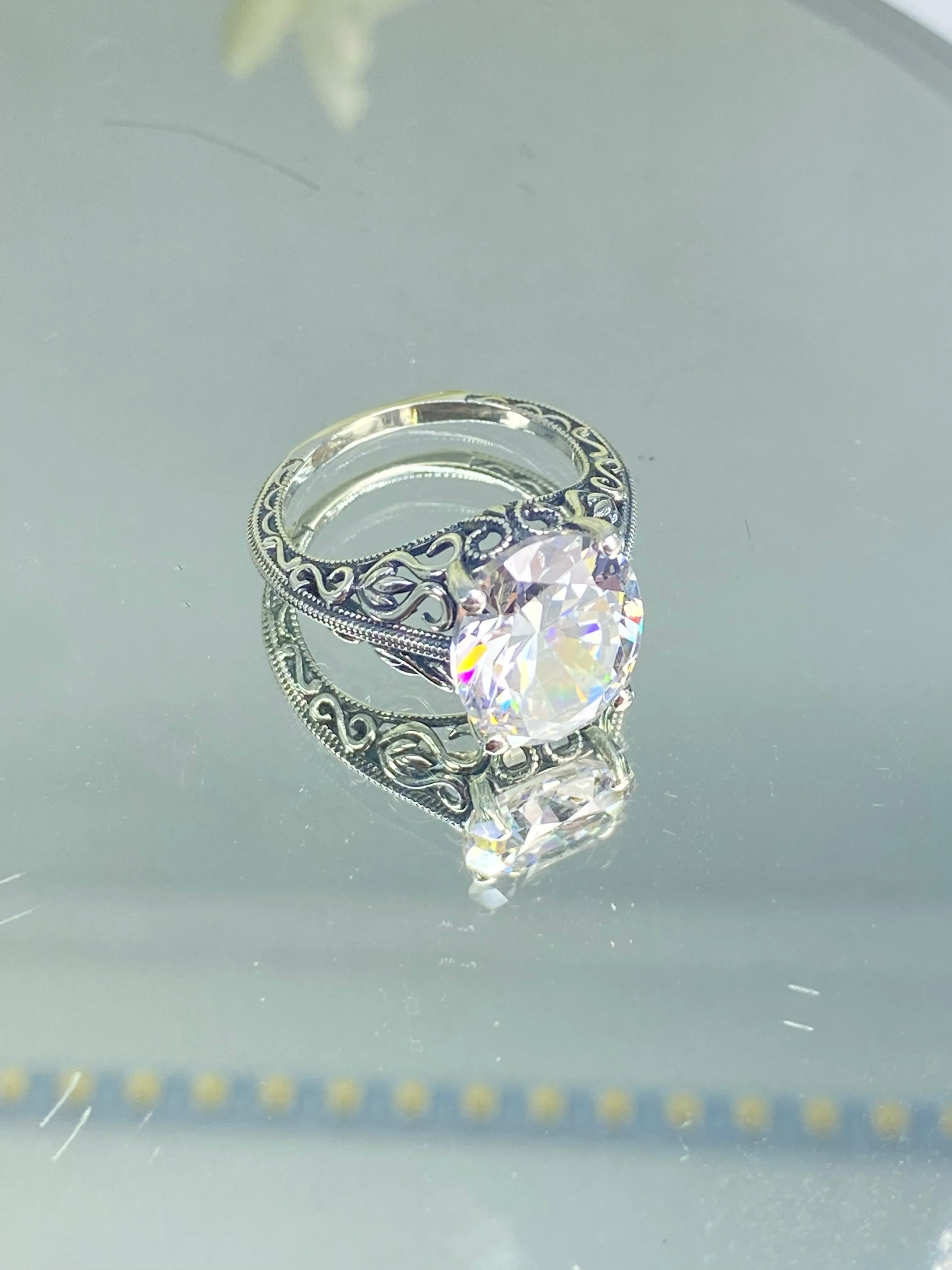 White CZ Ring, Size 5, Swan Filigree, Art Deco Jewelry #D190 - Ready to Ship