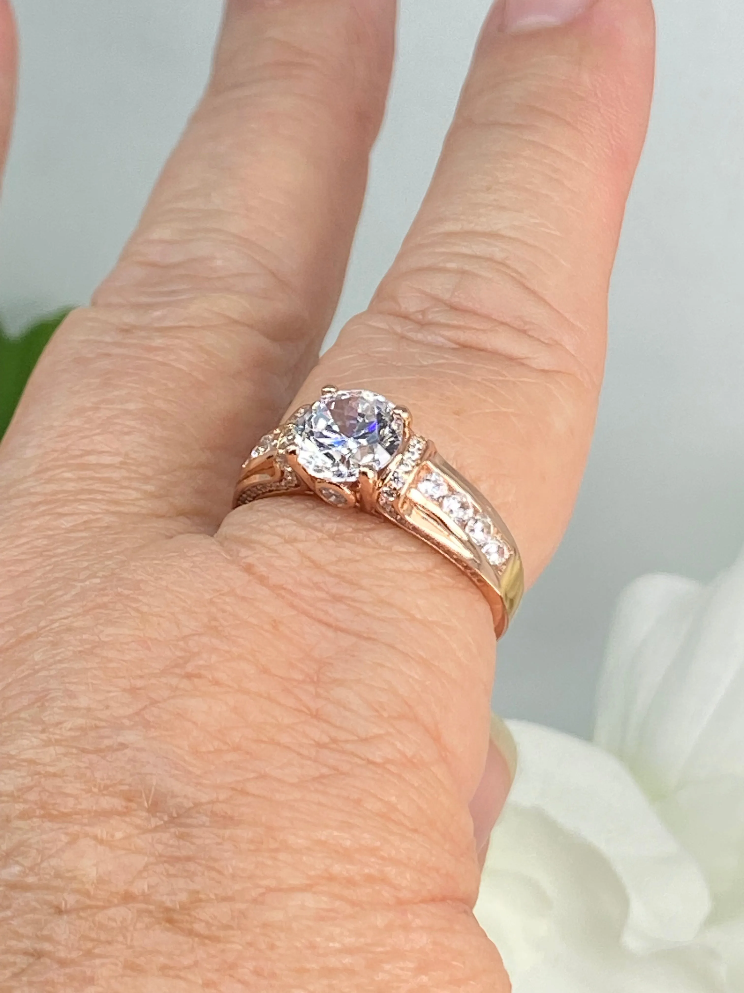 White CZ Ring, Size 6, Rose Gold plated Sterling Silver, Art Deco Jewelry #D220 - Ready to Ship