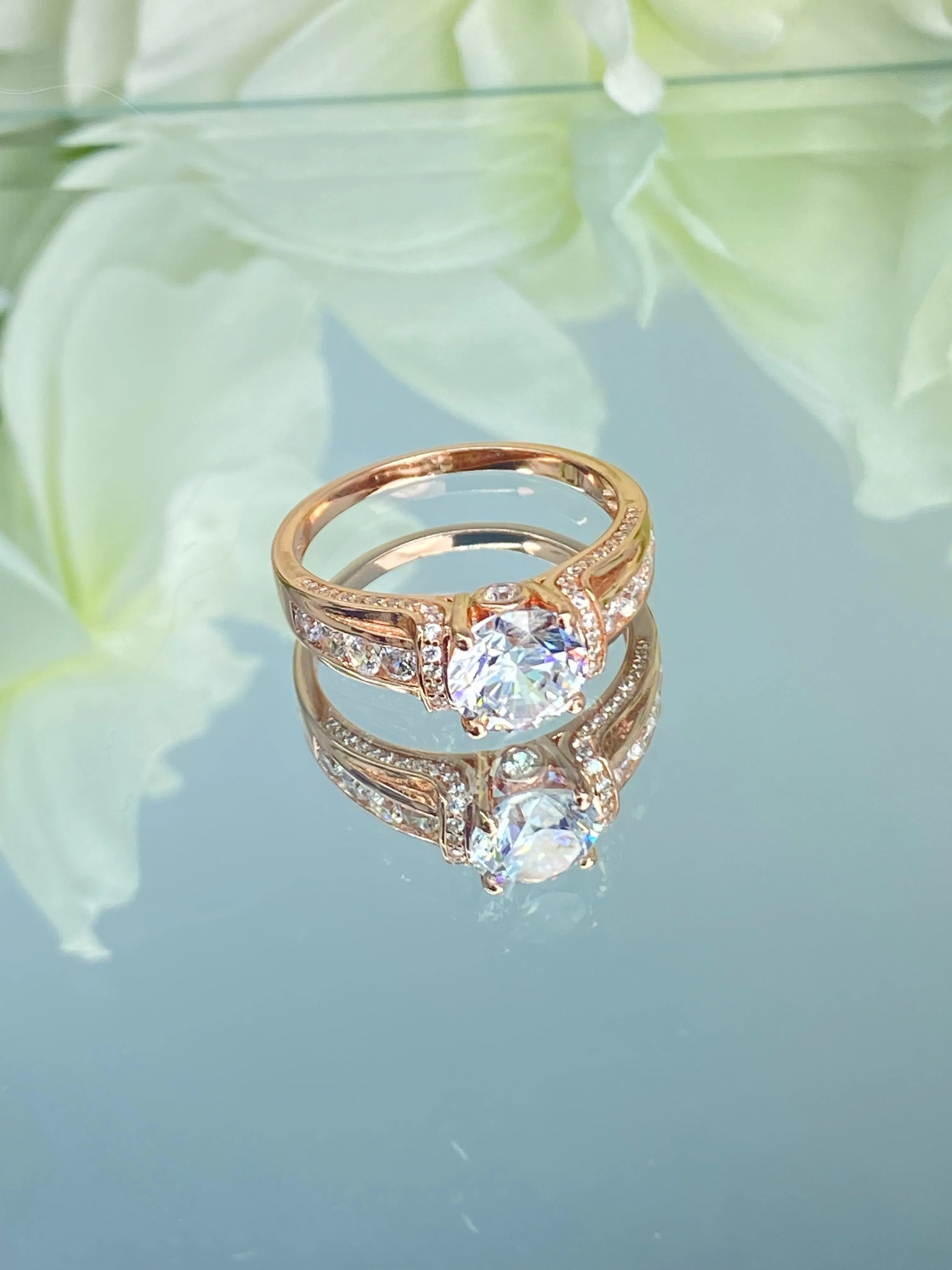 White CZ Ring, Size 6, Rose Gold plated Sterling Silver, Art Deco Jewelry #D220 - Ready to Ship