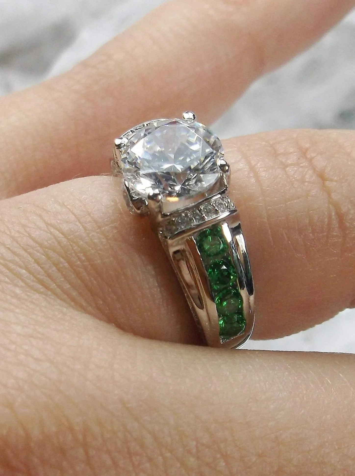 White CZ Ring, Size 8, faux Diamond and Emerald Green Inlay Gems, Art Deco Jewelry #D220 - Ready to Ship