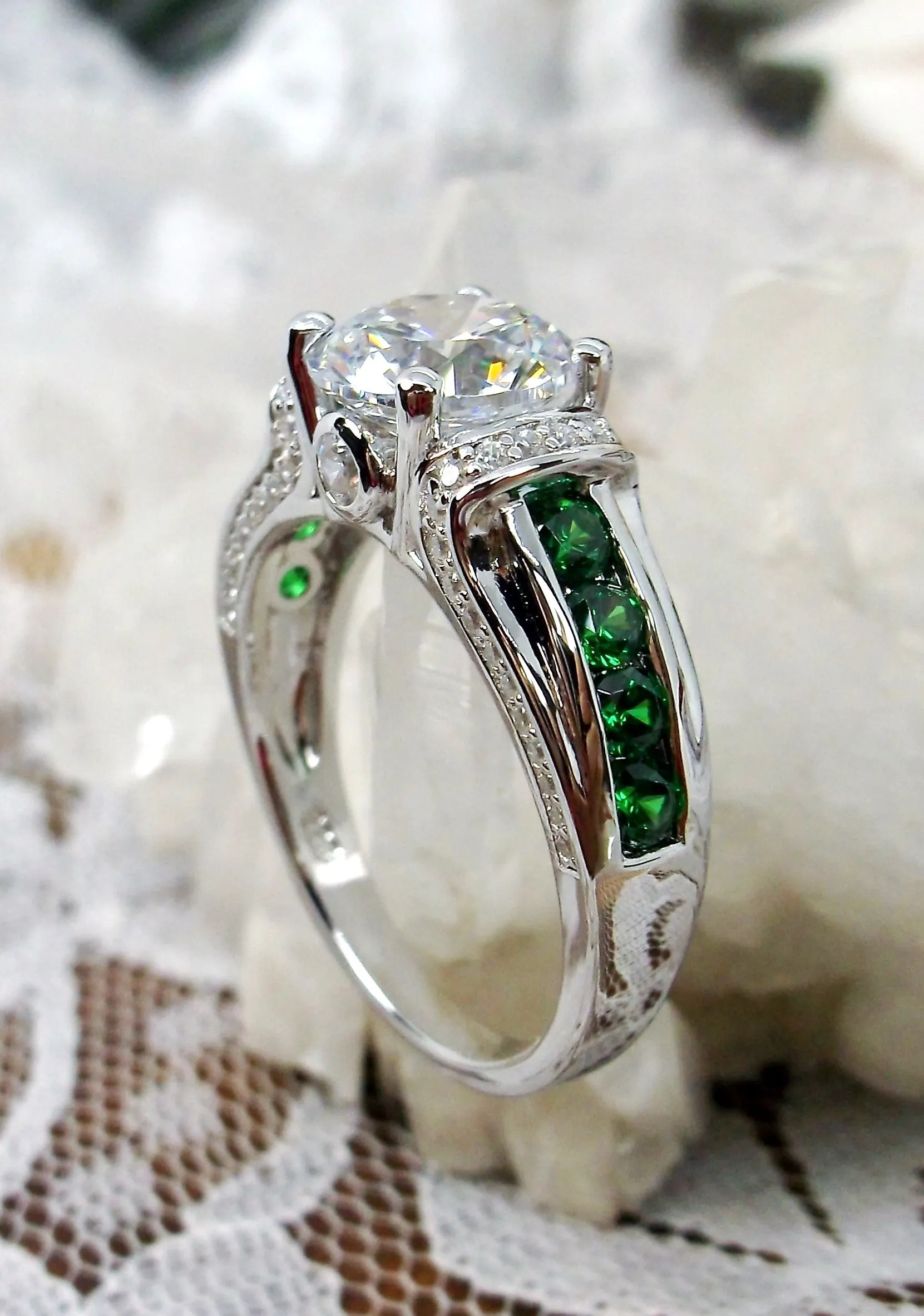White CZ Ring, Size 8, faux Diamond and Emerald Green Inlay Gems, Art Deco Jewelry #D220 - Ready to Ship