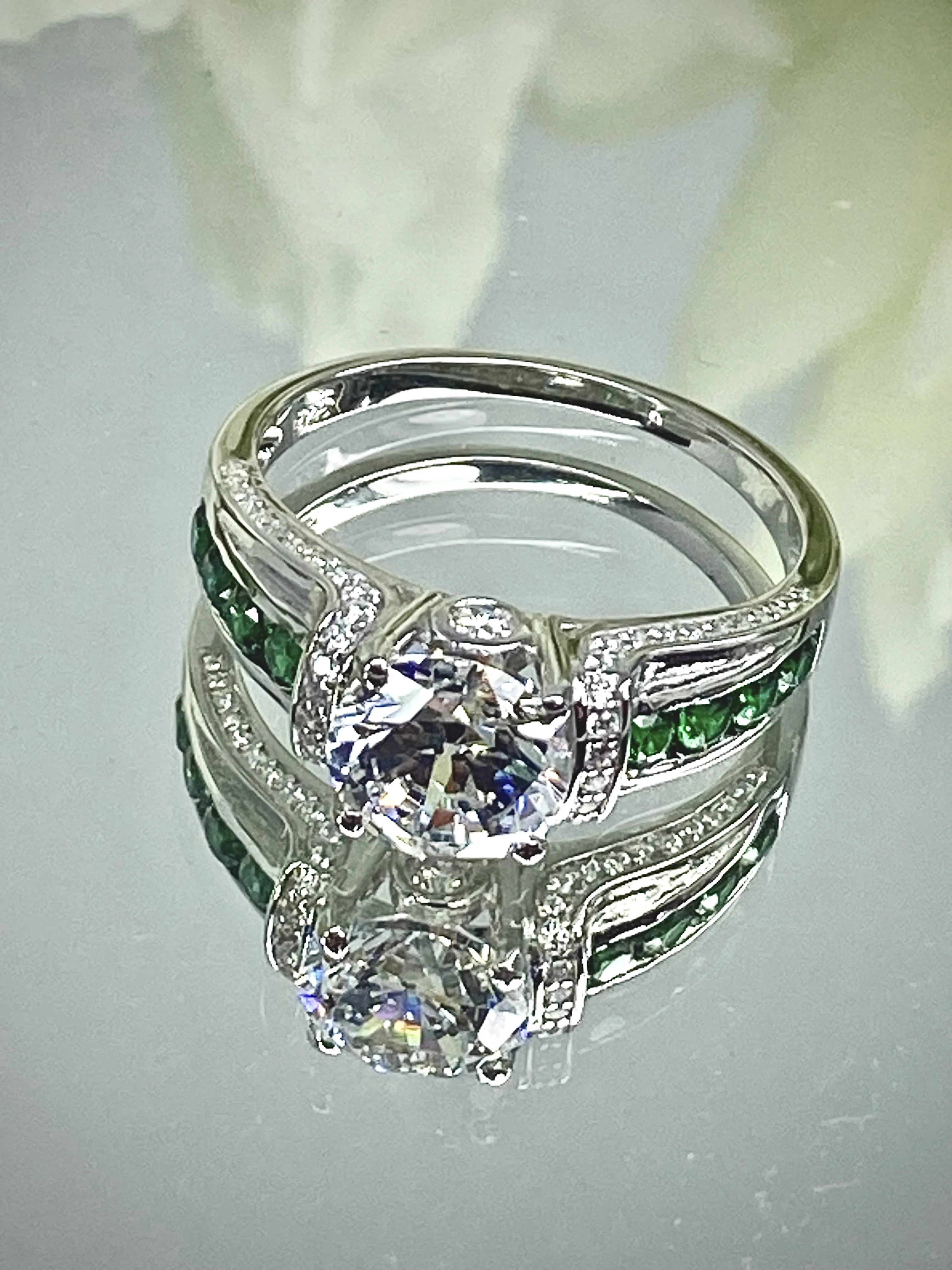 White CZ Ring, Size 8, faux Diamond and Emerald Green Inlay Gems, Art Deco Jewelry #D220 - Ready to Ship