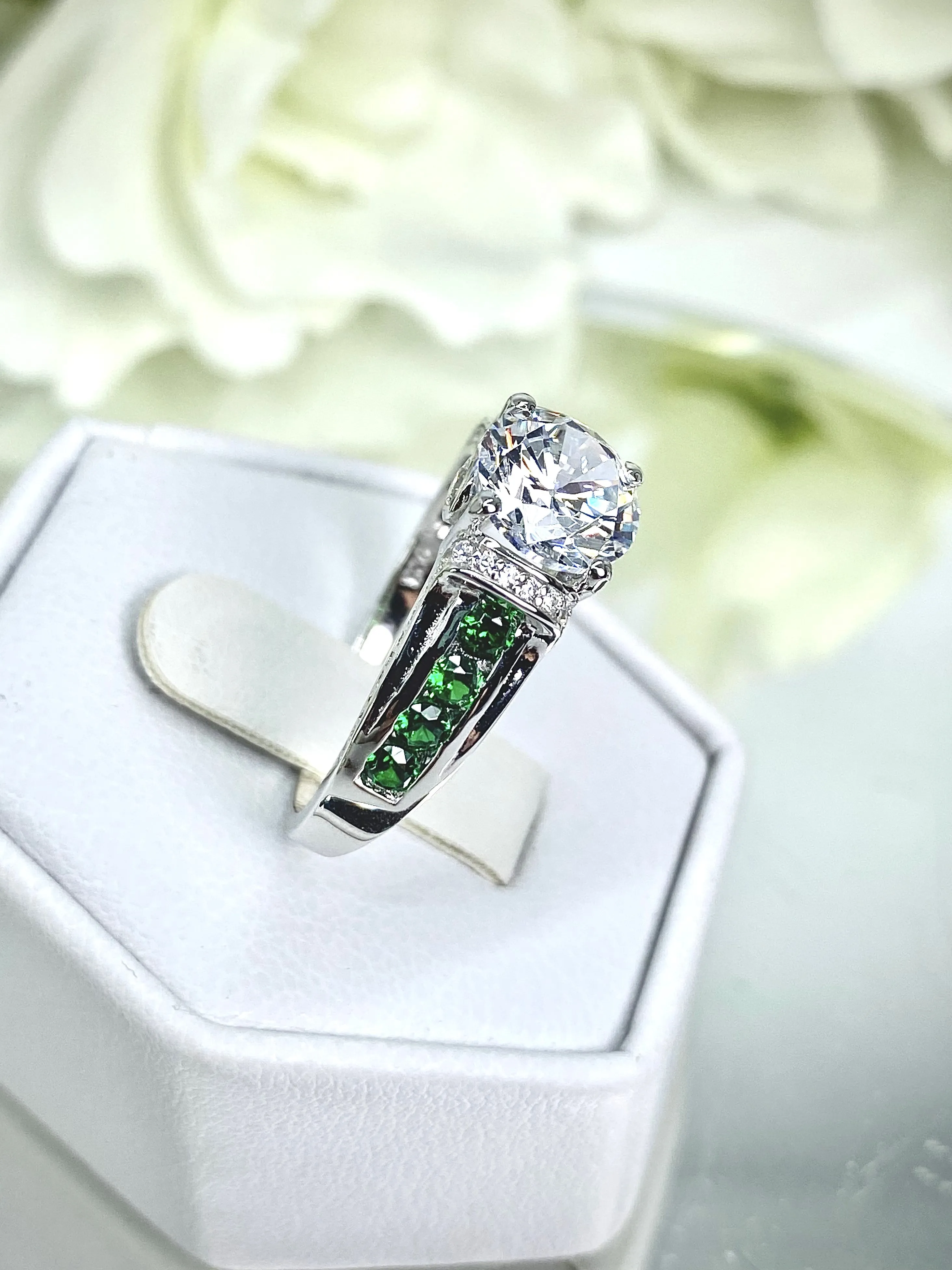 White CZ Ring, Size 8, faux Diamond and Emerald Green Inlay Gems, Art Deco Jewelry #D220 - Ready to Ship