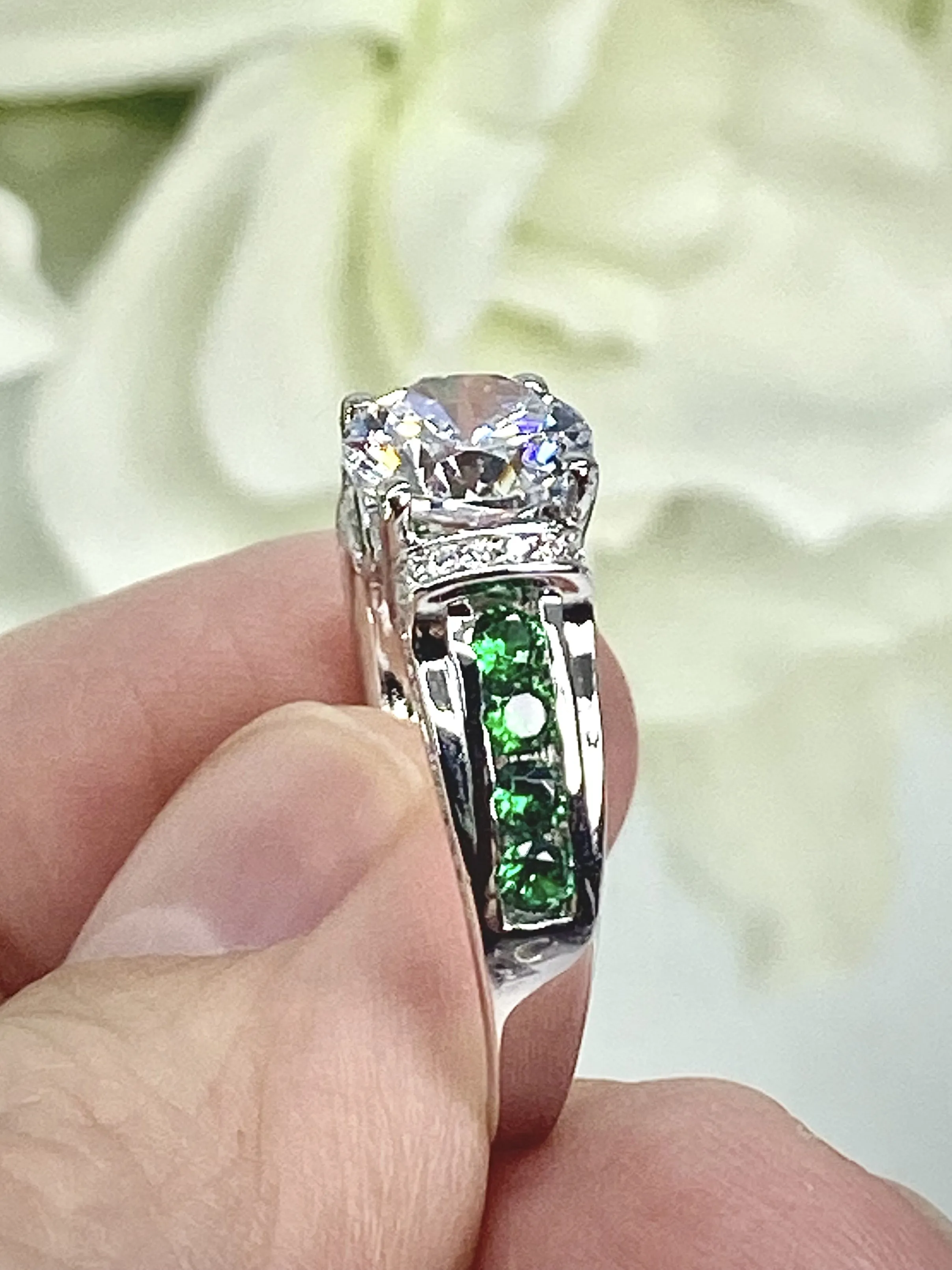 White CZ Ring, Size 8, faux Diamond and Emerald Green Inlay Gems, Art Deco Jewelry #D220 - Ready to Ship