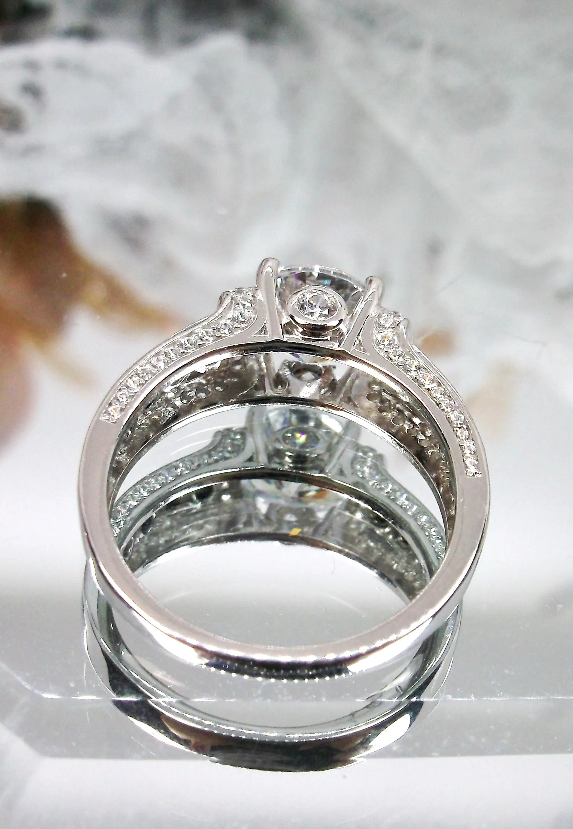 White CZ Ring, Size 8, faux Diamond and Emerald Green Inlay Gems, Art Deco Jewelry #D220 - Ready to Ship