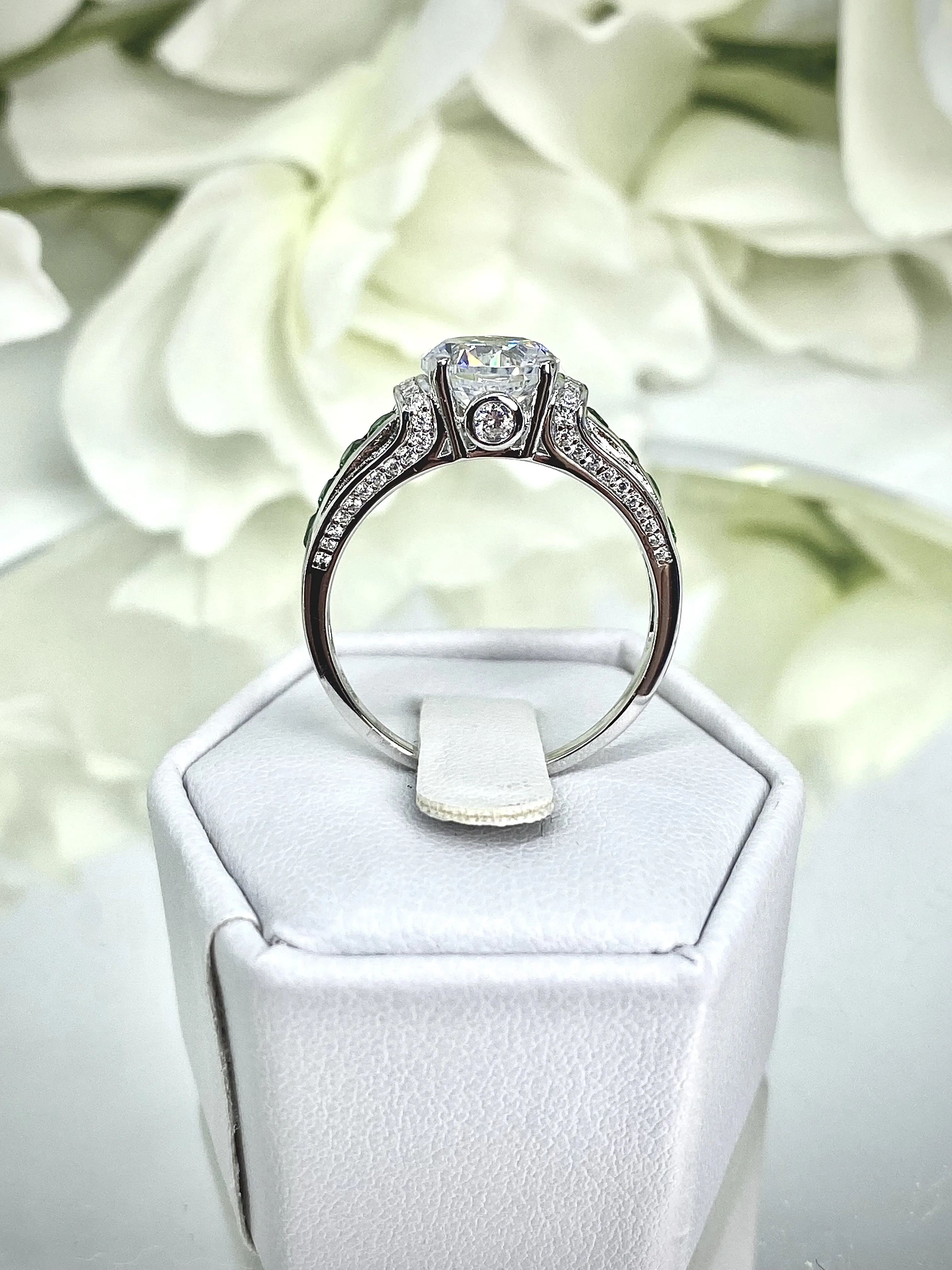 White CZ Ring, Size 8, faux Diamond and Emerald Green Inlay Gems, Art Deco Jewelry #D220 - Ready to Ship