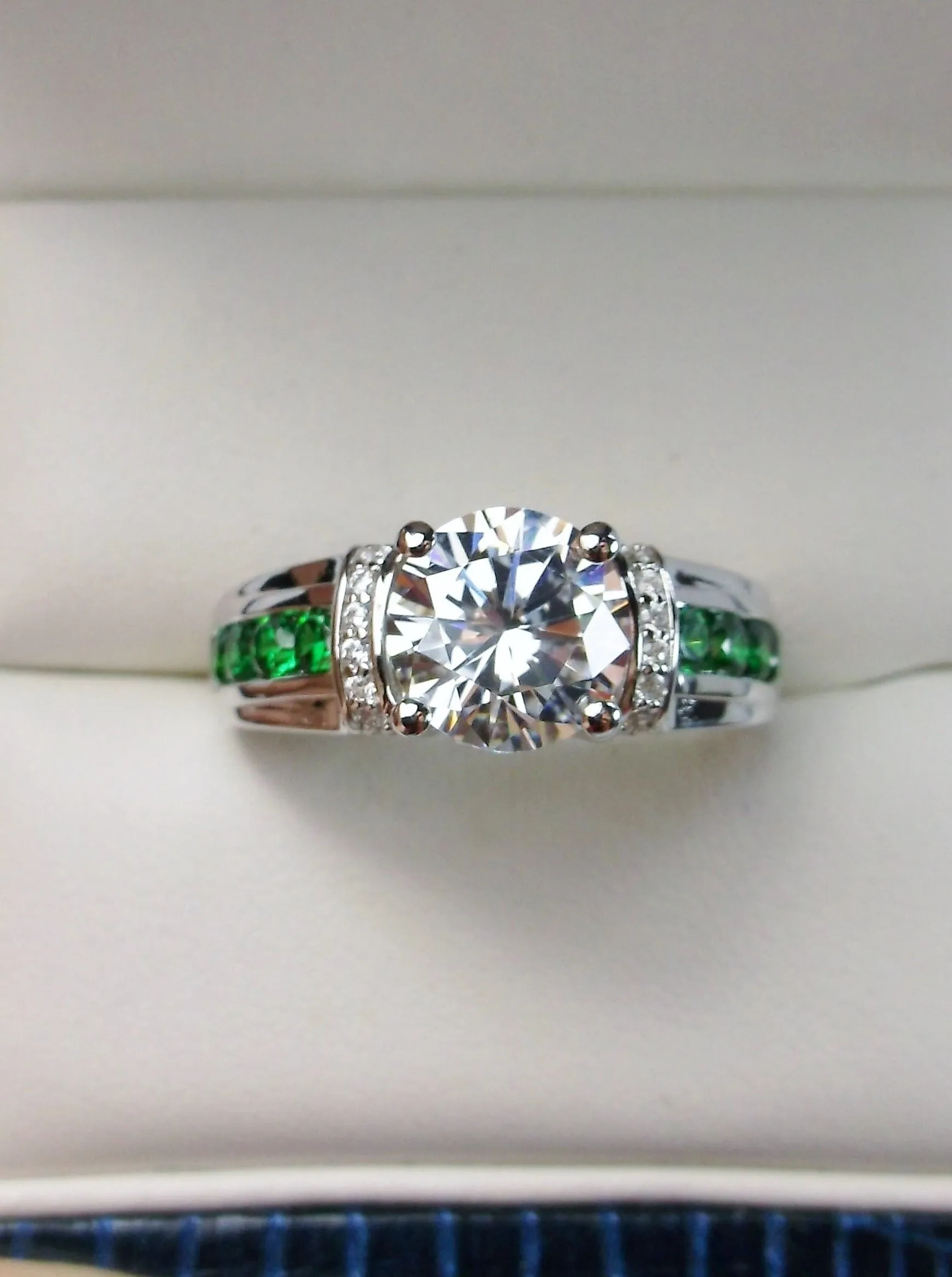White CZ Ring, Size 8, faux Diamond and Emerald Green Inlay Gems, Art Deco Jewelry #D220 - Ready to Ship