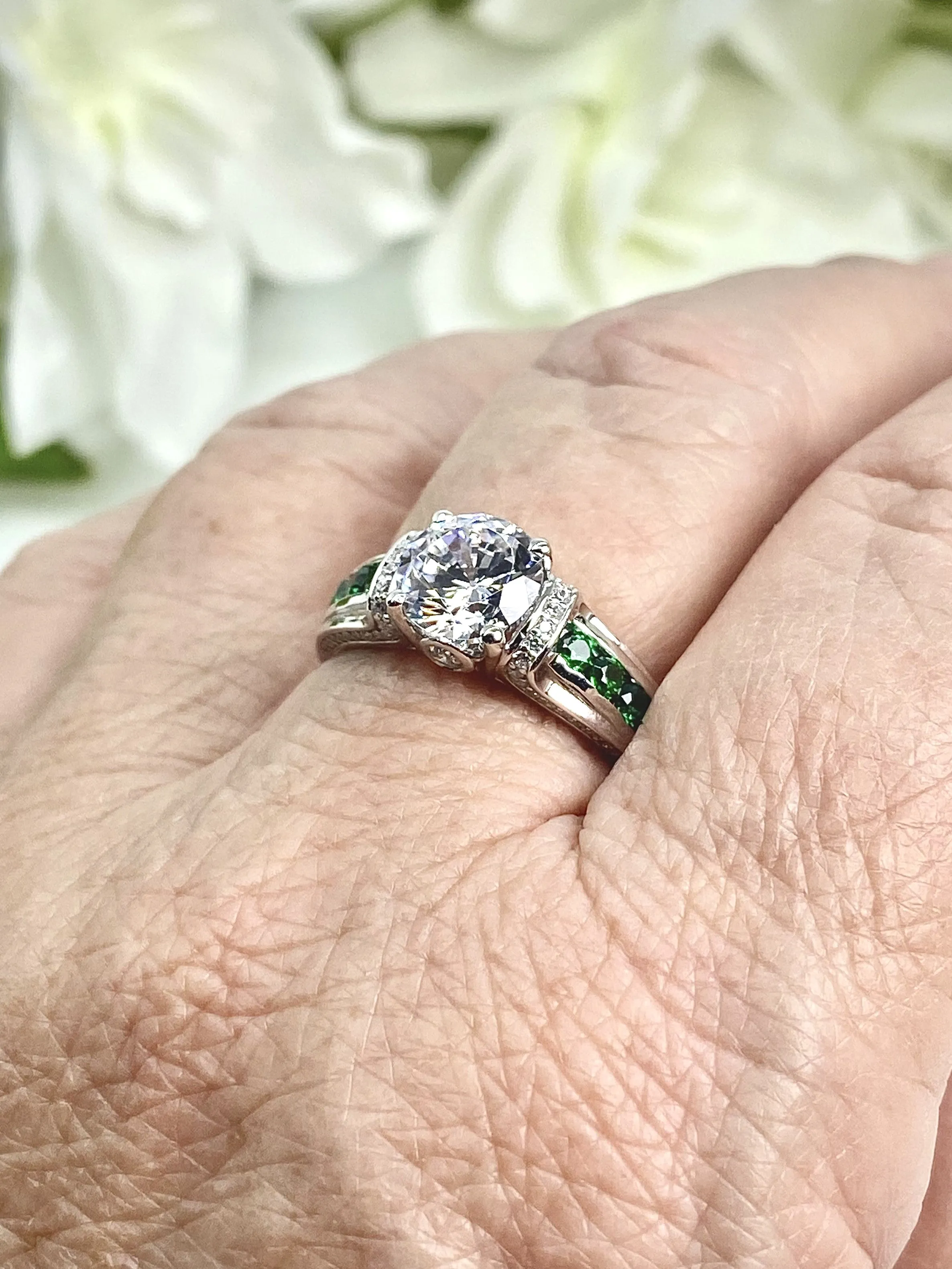 White CZ Ring, Size 8, faux Diamond and Emerald Green Inlay Gems, Art Deco Jewelry #D220 - Ready to Ship