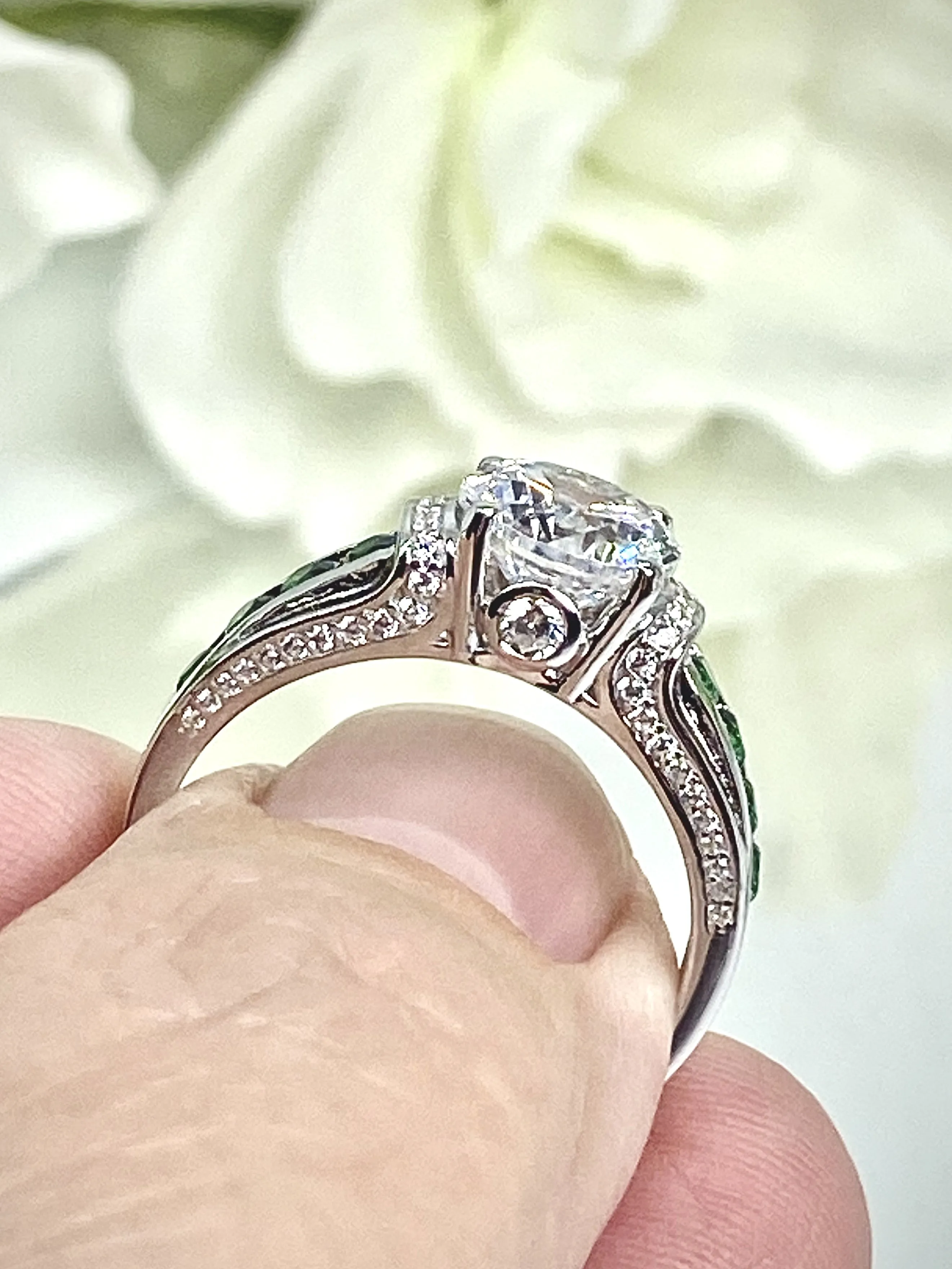 White CZ Ring, Size 8, faux Diamond and Emerald Green Inlay Gems, Art Deco Jewelry #D220 - Ready to Ship