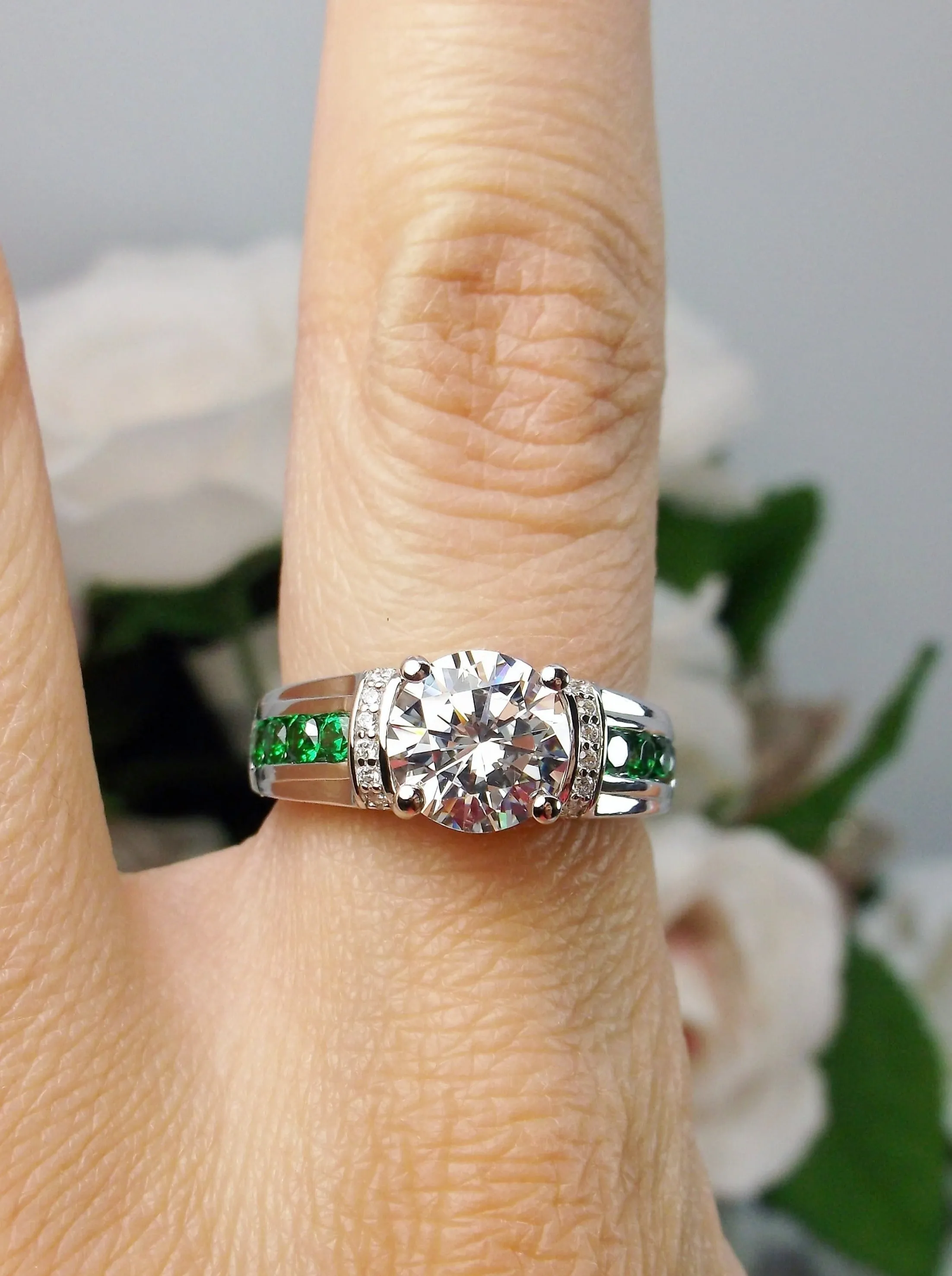 White CZ Ring, Size 8, faux Diamond and Emerald Green Inlay Gems, Art Deco Jewelry #D220 - Ready to Ship