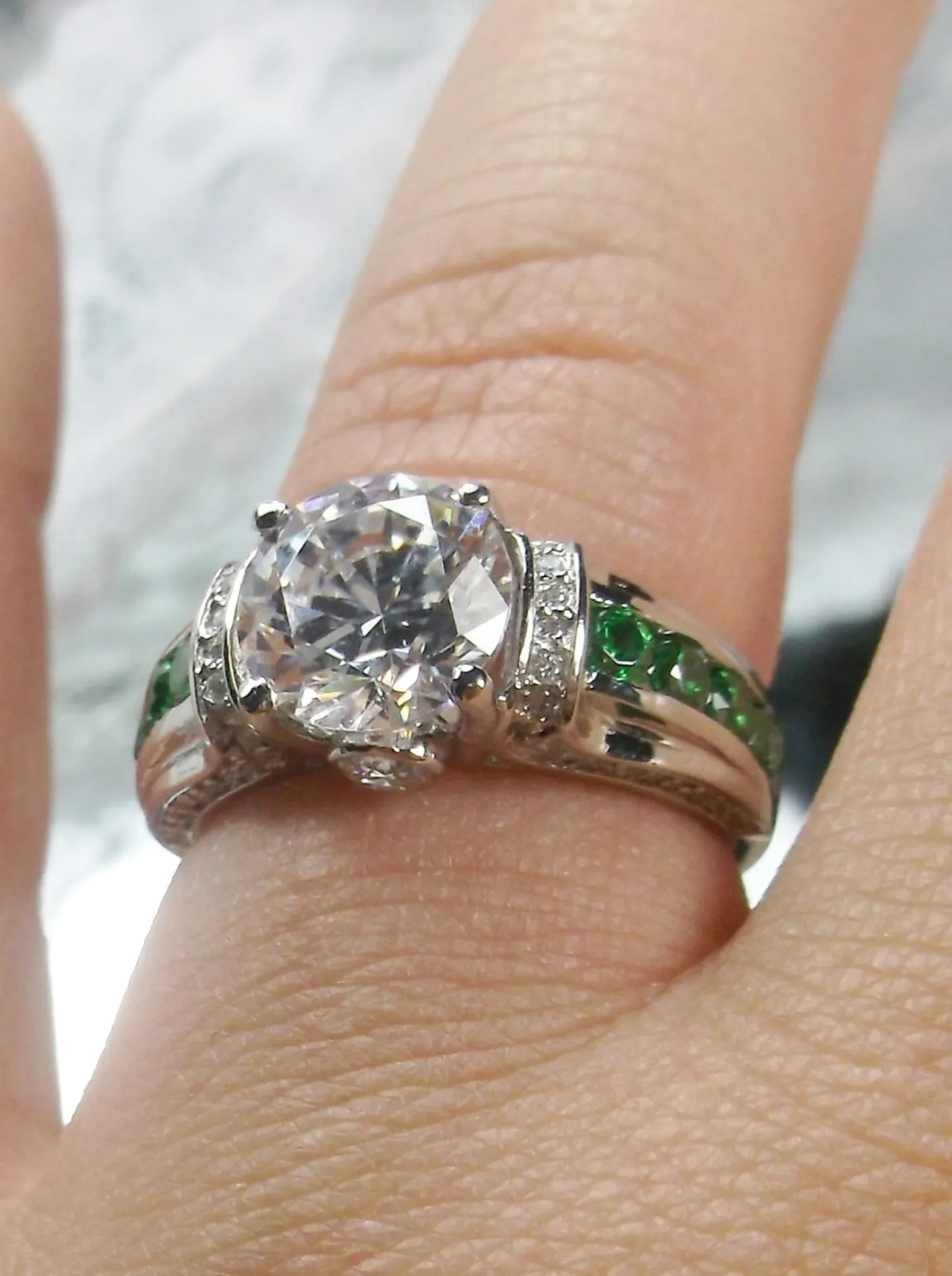 White CZ Ring, Size 8, faux Diamond and Emerald Green Inlay Gems, Art Deco Jewelry #D220 - Ready to Ship