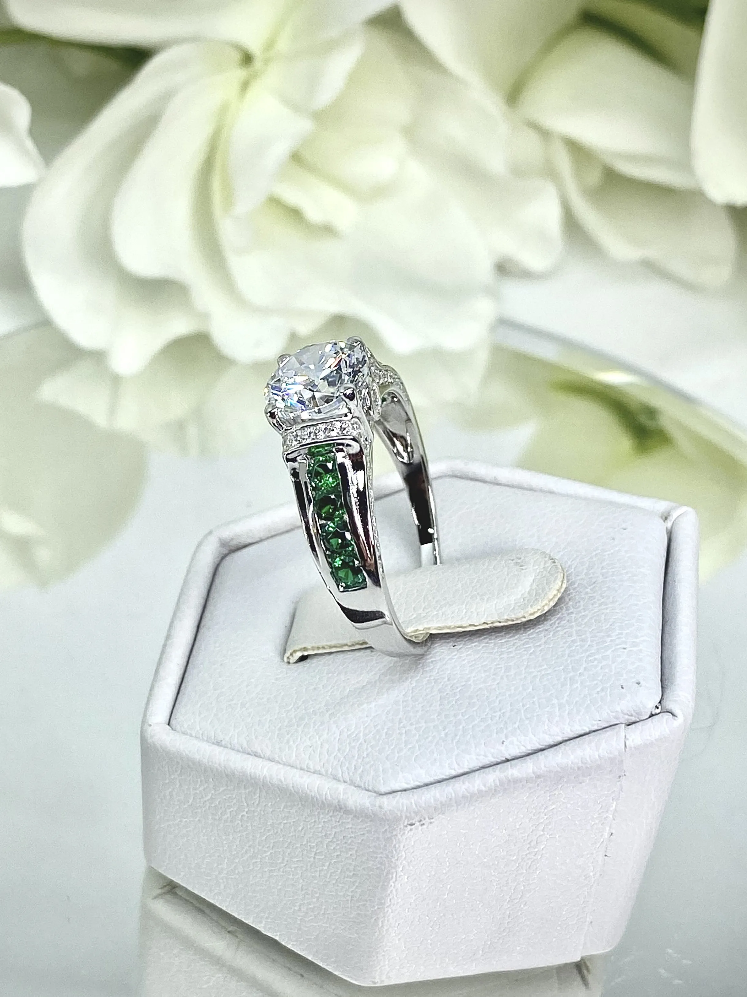 White CZ Ring, Size 8, faux Diamond and Emerald Green Inlay Gems, Art Deco Jewelry #D220 - Ready to Ship