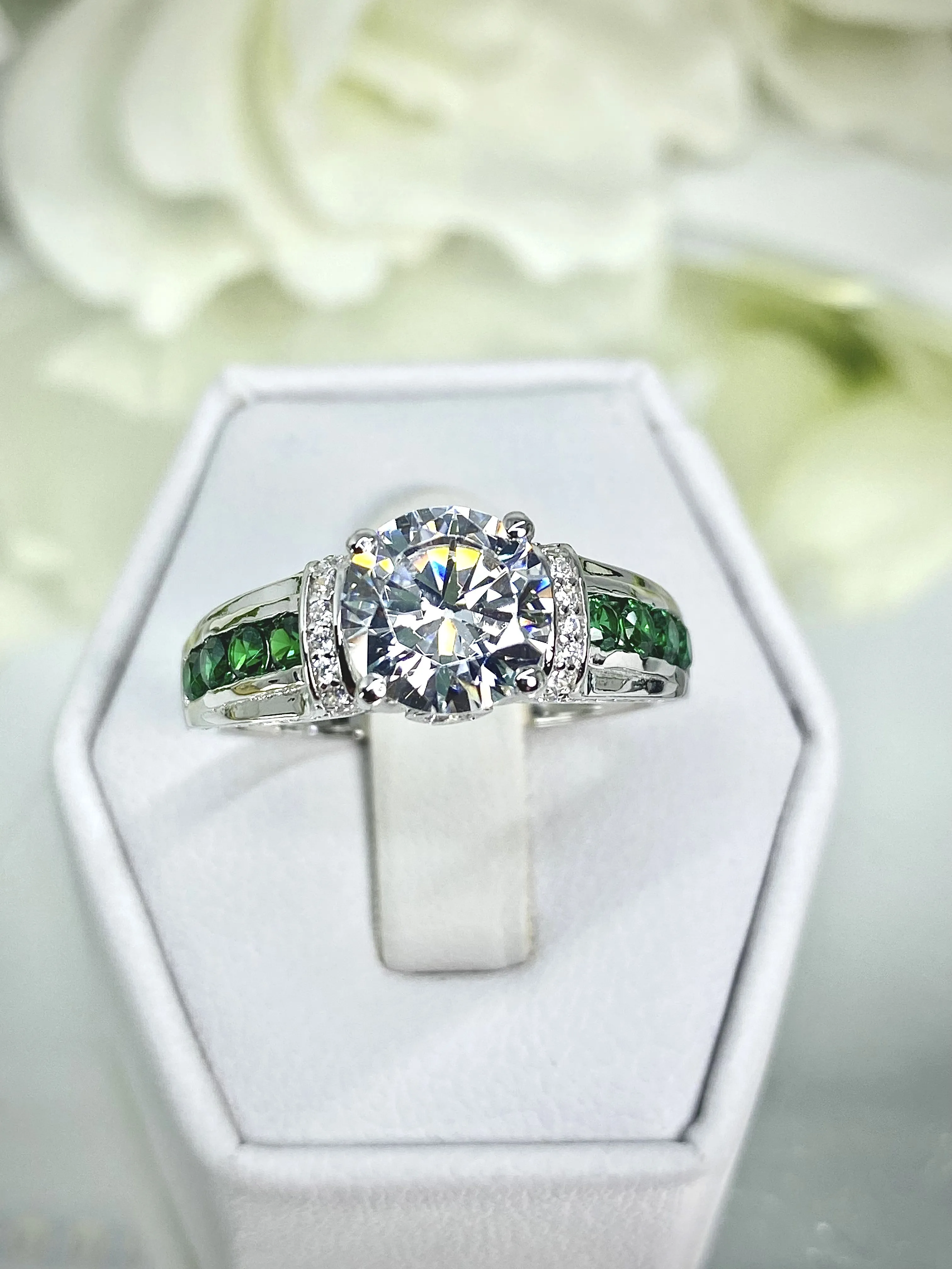 White CZ Ring, Size 8, faux Diamond and Emerald Green Inlay Gems, Art Deco Jewelry #D220 - Ready to Ship
